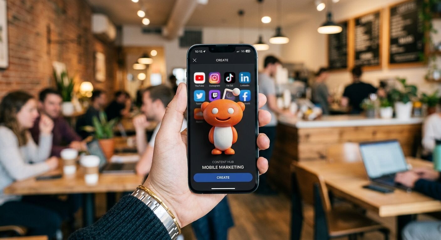 A minimalist, realistic rendering of the Reddit Snoo logo as a 3D element on a stylized smartphone screen, held by a person in a modern cafe setting, with other social media icons blurred in the background, emphasizing content creation and mobile marketing.