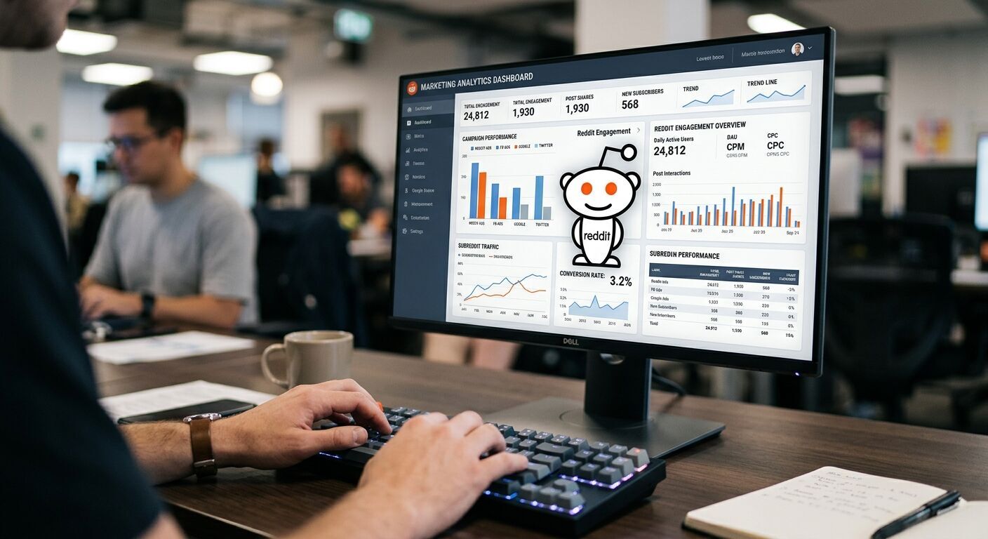 A crisp, modern close-up of the Reddit Snoo logo subtly integrated into a digital marketing analytics dashboard on a sleek monitor, surrounded by blurred professional hands typing on a keyboard, conveying data-driven strategies and engagement.