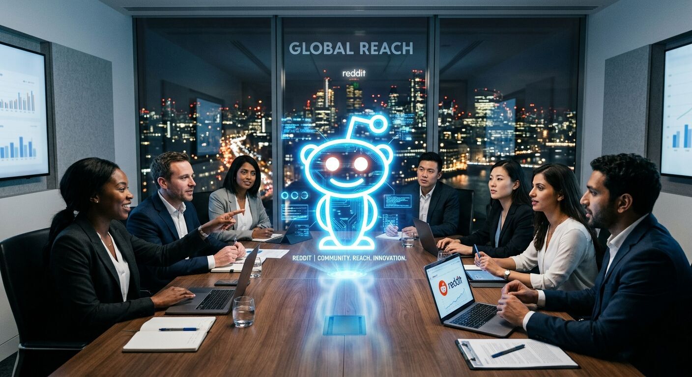 The iconic Reddit Snoo logo projected as a vibrant holographic overlay onto a boardroom table, surrounded by diverse, professional marketing executives discussing strategies, with city lights visible through a large window in the background, symbolizing global reach and innovation.